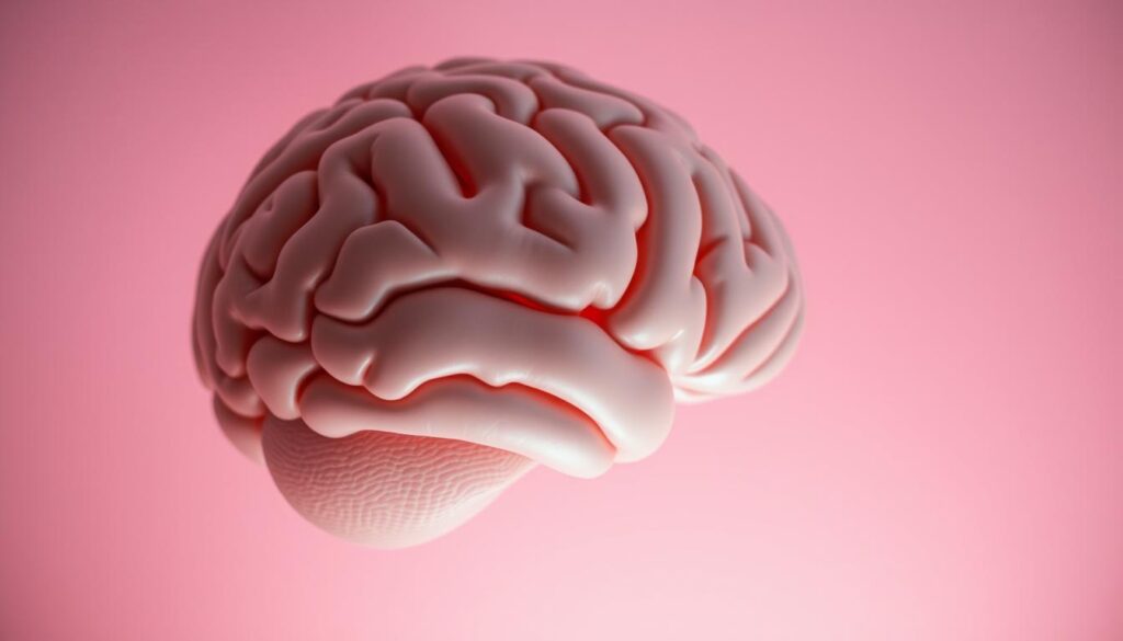 A close-up view of a human brain against a serene, pastel-toned background. Delicate, swirling lines and shapes representing the intricate dance of hormones within the brain during perimenopause. Soft, diffused lighting creates a contemplative, introspective mood. The image conveys the complex, subtle hormonal shifts that women experience during this transitional phase, with a sense of gentle, organic movement and change. The overall impression is one of thoughtful introspection, hinting at the internal processes at work.