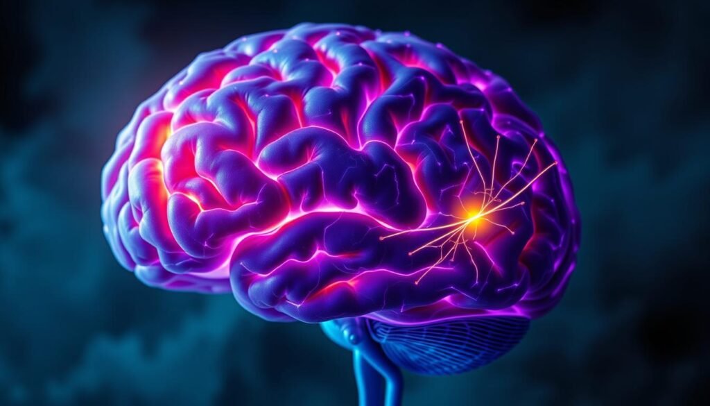 A close-up view of a human brain, with intricate neural pathways and synapses illuminated in shades of blue and purple. In the foreground, a glowing, golden adrenal gland emits a pulsing radiance, symbolizing the release of stress hormones like cortisol. The background is a hazy, atmospheric landscape, conveying a sense of mental tension and overwhelming pressure. The lighting is dramatic, with sharp contrasts and deep shadows, heightening the intensity of the scene. The overall mood is one of anxious energy and the physiological toll of chronic stress. A close-up view of a human brain, with intricate neural pathways and synapses illuminated in shades of blue and purple. In the foreground, a glowing, golden adrenal gland emits a pulsing radiance, symbolizing the release of stress hormones like cortisol. The background is a hazy, atmospheric landscape, conveying a sense of mental tension and overwhelming pressure. The lighting is dramatic, with sharp contrasts and deep shadows, heightening the intensity of the scene. The overall mood is one of anxious energy and the physiological toll of chronic stress.