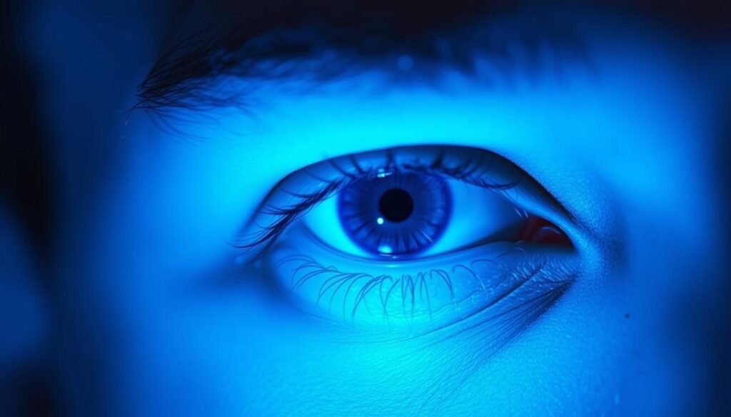 A close-up view of a human eye illuminated by a soft, bluish-tinted light. The eye appears to be gazing thoughtfully, with the iris and pupil in sharp focus. The surrounding skin is subtly lit, creating a serene, meditative atmosphere. The lighting is directional, casting gentle shadows that highlight the contours of the eye. The background is blurred, keeping the viewer's attention on the intricate details of the eye structure and the calming blue luminescence.