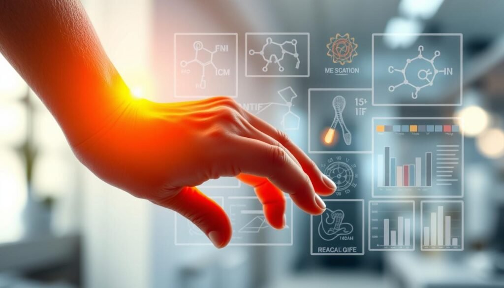 A close-up view of a human hand gently touching an inflamed joint, with a warm, glowing light illuminating the scene. In the middle ground, scientific diagrams and charts illustrate the biological processes of inflammation and pain relief. The background features a soft, blurred laboratory setting, conveying a sense of research and investigation. The overall mood is one of thoughtful contemplation, with a focus on the scientific evidence behind natural anti-inflammatory remedies.