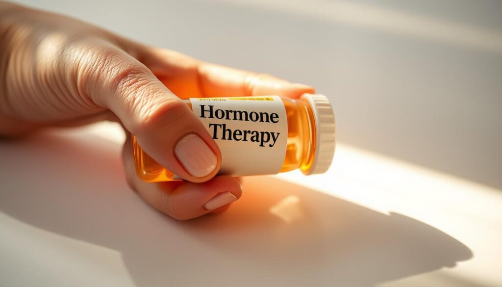 A close-up view of a person's hand holding a medical pill bottle, with the label displaying the words "Hormone Therapy". The bottle is placed on a clean, white surface, illuminated by warm, soft lighting that casts gentle shadows. The focus is sharp, drawing the viewer's attention to the details of the medication and the hand gently holding it. The overall tone is one of care, intimacy, and the importance of this treatment option, reflecting the subject of the article and the section title. A close-up view of a person's hand holding a medical pill bottle, with the label displaying the words "Hormone Therapy". The bottle is placed on a clean, white surface, illuminated by warm, soft lighting that casts gentle shadows. The focus is sharp, drawing the viewer's attention to the details of the medication and the hand gently holding it. The overall tone is one of care, intimacy, and the importance of this treatment option, reflecting the subject of the article and the section title.