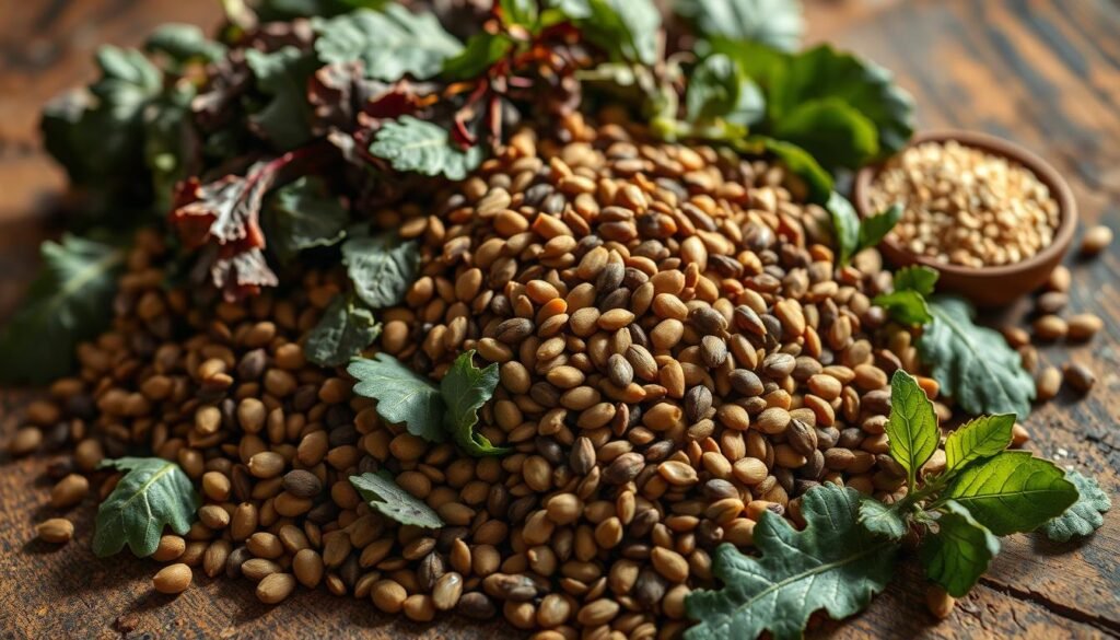 A close-up view of a pile of iron-rich whole foods, including dark leafy greens, lentils, and sesame seeds, arranged on a rustic wooden table. Warm, natural lighting illuminates the scene, casting soft shadows and highlighting the rich, earthy tones of the ingredients. The composition is balanced and inviting, conveying the abundance and nutritional value of these mineral-dense, plant-based superfoods. The image suggests a sense of health, vitality, and the importance of incorporating these whole food sources of essential minerals into one's diet. A close-up view of a pile of iron-rich whole foods, including dark leafy greens, lentils, and sesame seeds, arranged on a rustic wooden table. Warm, natural lighting illuminates the scene, casting soft shadows and highlighting the rich, earthy tones of the ingredients. The composition is balanced and inviting, conveying the abundance and nutritional value of these mineral-dense, plant-based superfoods. The image suggests a sense of health, vitality, and the importance of incorporating these whole food sources of essential minerals into one's diet.