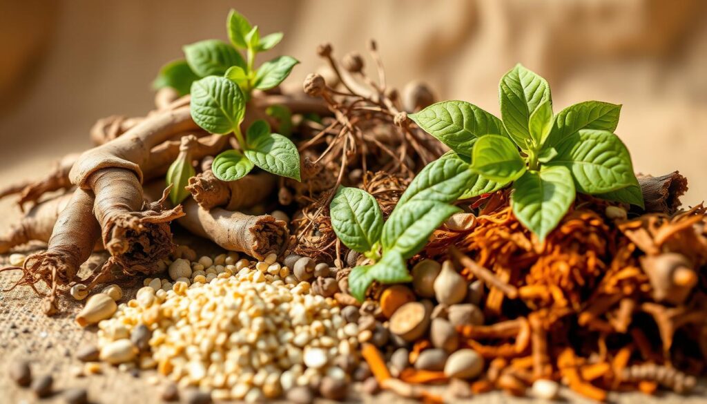 A close-up view of a variety of adaptogens, including ginseng, ashwagandha, rhodiola, and holy basil, arranged in a natural, earthy composition. The plants are displayed against a soft, diffused background with warm, natural lighting, highlighting their intricate textures, colors, and forms. The image conveys a sense of serenity, balance, and the synergistic power of these botanical allies. The camera angle is slightly tilted to create a sense of depth and movement, drawing the viewer's attention to the details and nuances of these remarkable plant-based solutions for stress and resilience. A close-up view of a variety of adaptogens, including ginseng, ashwagandha, rhodiola, and holy basil, arranged in a natural, earthy composition. The plants are displayed against a soft, diffused background with warm, natural lighting, highlighting their intricate textures, colors, and forms. The image conveys a sense of serenity, balance, and the synergistic power of these botanical allies. The camera angle is slightly tilted to create a sense of depth and movement, drawing the viewer's attention to the details and nuances of these remarkable plant-based solutions for stress and resilience.