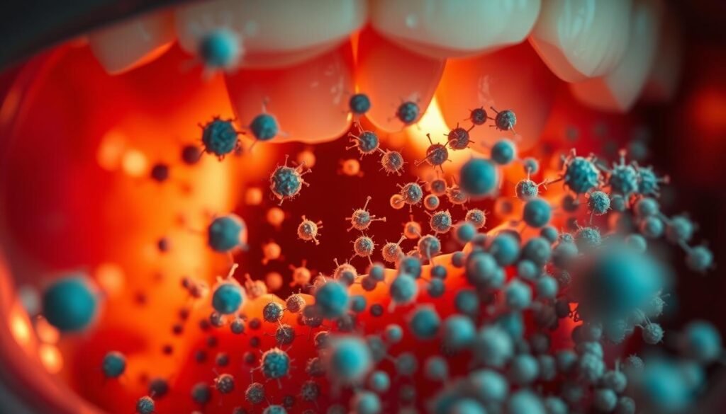 A close-up view of harmful bacteria in the human mouth, with a sharply focused, high-resolution lens. Intricate details of bacterial cells, rod-shaped and spherical, teeming and multiplying across the gum line and tooth surfaces. Warm, natural lighting illuminates the scene, creating a sense of clinical examination. The background is blurred, placing emphasis on the foreground microorganisms. The overall mood conveys the insidious nature of these invisible yet detrimental oral flora, underscoring the importance of effective oral hygiene practices.