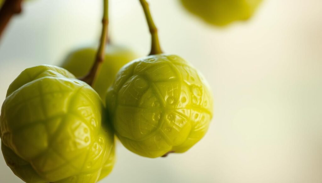 A close-up view of the Emblica officinalis (Indian gooseberry) fruit, also known as amla, suspended against a soft, ethereal background. The vibrant green globes, adorned with delicate patterns, exude a natural, organic essence. Soft, diffused lighting gently accentuates the fruit's unique texture and shape, creating a sense of serene contemplation. The background is hazy and dreamlike, allowing the amla to take center stage as the star of the composition. The overall mood is one of tranquility and a celebration of the botanical world's intricate beauty.