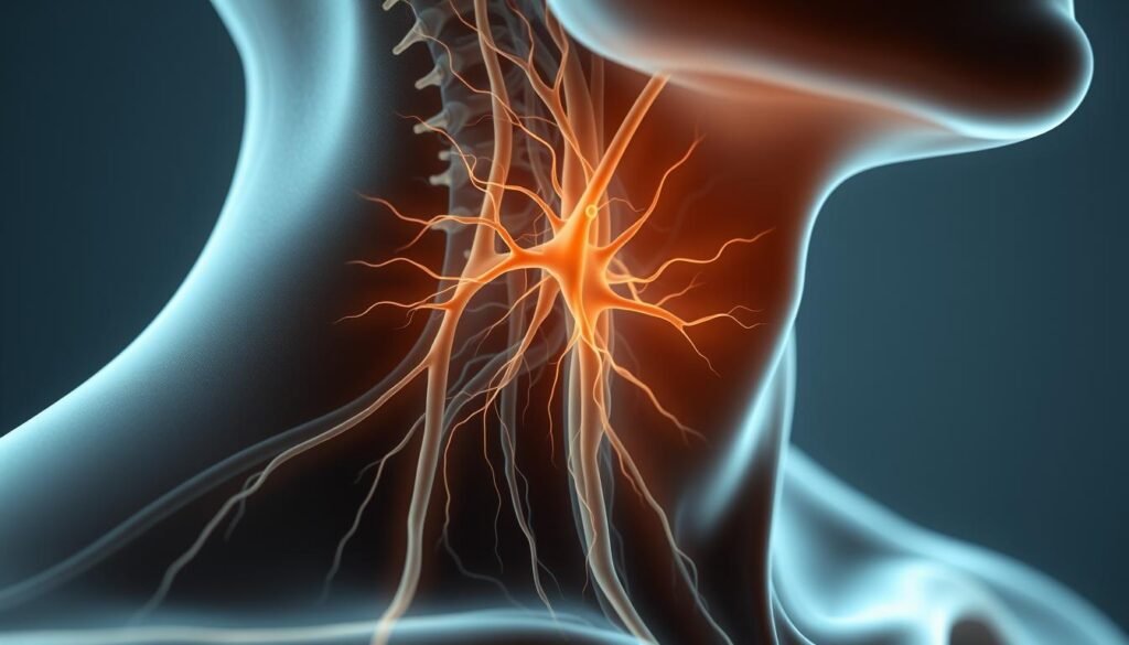 A close-up view of the human neck, with the vagus nerve prominently visible and pulsing gently. The nerves are rendered in intricate detail, with a soft, glowing outline that highlights their delicate structure. The skin surrounding the nerve is translucent, allowing the viewer to see the inner workings of the body. The lighting is soft and diffused, creating a calming, meditative atmosphere. The background is blurred, drawing the focus to the central nervous system element. The overall composition conveys a sense of the power and importance of the vagus nerve in regulating the body's physiological and emotional states.