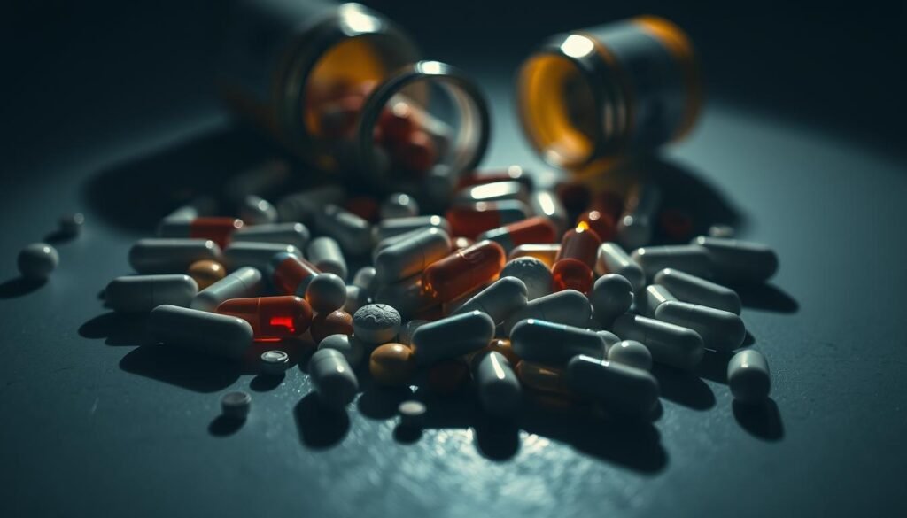A close-up view of various pills, capsules, and tablets spilling out onto a reflective surface, casting shadows and creating a sense of potential side effects and interactions. The lighting is dramatic, with a single source casting deep shadows and highlights, emphasizing the dangerous and complex nature of the substances. The focus is sharp, drawing the viewer's attention to the intricate details of the pharmaceuticals, while the background is subtly blurred, creating a sense of isolation and unease. The overall mood is one of caution and concern, hinting at the potential risks and complications that can arise from the use of certain supplements or medications.