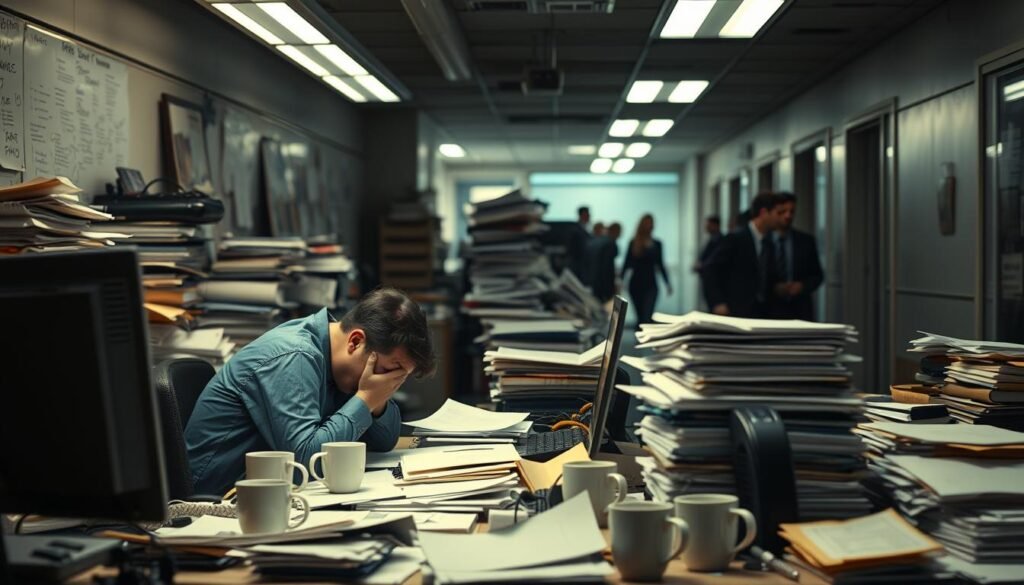 A cluttered office space, dimly lit with harsh fluorescent lighting, conveying a sense of overwhelming pressure and tension. In the foreground, a frazzled employee hunched over a desk, surrounded by a sea of scattered papers, coffee mugs, and a blinking computer screen. The middle ground features a towering pile of files and a phone ringing incessantly, emphasizing the constant demands and multitasking required. In the background, blurred silhouettes of coworkers hurrying through the corridors, suggesting a chaotic, fast-paced work environment. The overall mood is one of mental exhaustion, physical strain, and the relentless strain of workplace pressures. A cluttered office space, dimly lit with harsh fluorescent lighting, conveying a sense of overwhelming pressure and tension. In the foreground, a frazzled employee hunched over a desk, surrounded by a sea of scattered papers, coffee mugs, and a blinking computer screen. The middle ground features a towering pile of files and a phone ringing incessantly, emphasizing the constant demands and multitasking required. In the background, blurred silhouettes of coworkers hurrying through the corridors, suggesting a chaotic, fast-paced work environment. The overall mood is one of mental exhaustion, physical strain, and the relentless strain of workplace pressures.