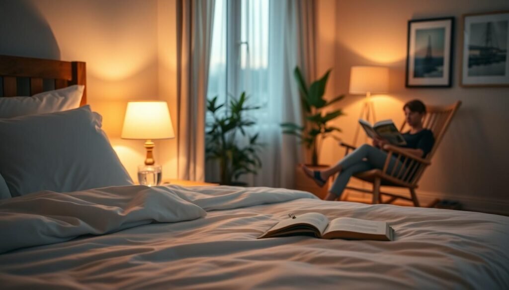 A cozy bedroom at dusk, with warm, soft lighting from a bedside lamp casting a tranquil glow. In the foreground, a plush, inviting bed with crisp, white linens and a fluffy duvet. On the nightstand, a glass of water and a book - the tools for a peaceful evening routine. In the middle ground, a rocking chair by the window, where a person sits reading a book, relaxed and focused. The background features a potted plant and a framed piece of calming wall art, creating a sense of balance and serenity. The overall atmosphere evokes a serene, sleep-inducing environment, perfect for winding down before bed. A cozy bedroom at dusk, with warm, soft lighting from a bedside lamp casting a tranquil glow. In the foreground, a plush, inviting bed with crisp, white linens and a fluffy duvet. On the nightstand, a glass of water and a book - the tools for a peaceful evening routine. In the middle ground, a rocking chair by the window, where a person sits reading a book, relaxed and focused. The background features a potted plant and a framed piece of calming wall art, creating a sense of balance and serenity. The overall atmosphere evokes a serene, sleep-inducing environment, perfect for winding down before bed.