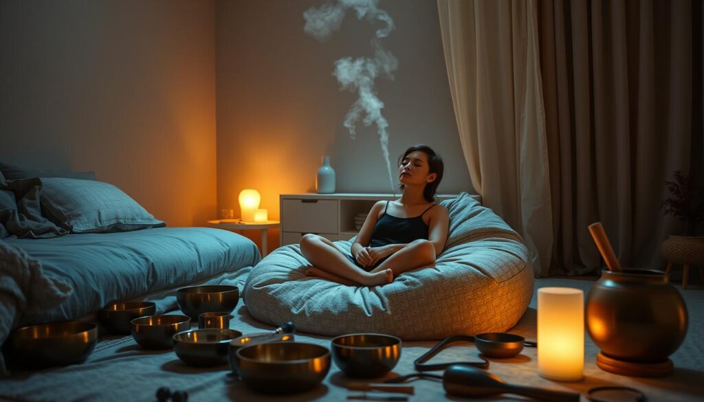 A cozy bedroom scene, dimly lit by warm, soft lighting. In the foreground, a person sits cross-legged on a plush, oversized beanbag, eyes closed, hands resting gently on their lap. Surrounding them are an array of sound therapy tools - singing bowls, chimes, and other instruments emitting soothing, meditative tones. In the middle ground, a serene, minimalist nightstand holds a diffuser, its gentle mist creating an atmospheric haze. The background features muted, neutral-toned walls, with a large, sheer curtain gently swaying, adding to the tranquil ambiance. An overall sense of calm, comfort, and mindfulness pervades the scene, inviting the viewer to imagine themselves in this peaceful bedtime ritual. A cozy bedroom scene, dimly lit by warm, soft lighting. In the foreground, a person sits cross-legged on a plush, oversized beanbag, eyes closed, hands resting gently on their lap. Surrounding them are an array of sound therapy tools - singing bowls, chimes, and other instruments emitting soothing, meditative tones. In the middle ground, a serene, minimalist nightstand holds a diffuser, its gentle mist creating an atmospheric haze. The background features muted, neutral-toned walls, with a large, sheer curtain gently swaying, adding to the tranquil ambiance. An overall sense of calm, comfort, and mindfulness pervades the scene, inviting the viewer to imagine themselves in this peaceful bedtime ritual.