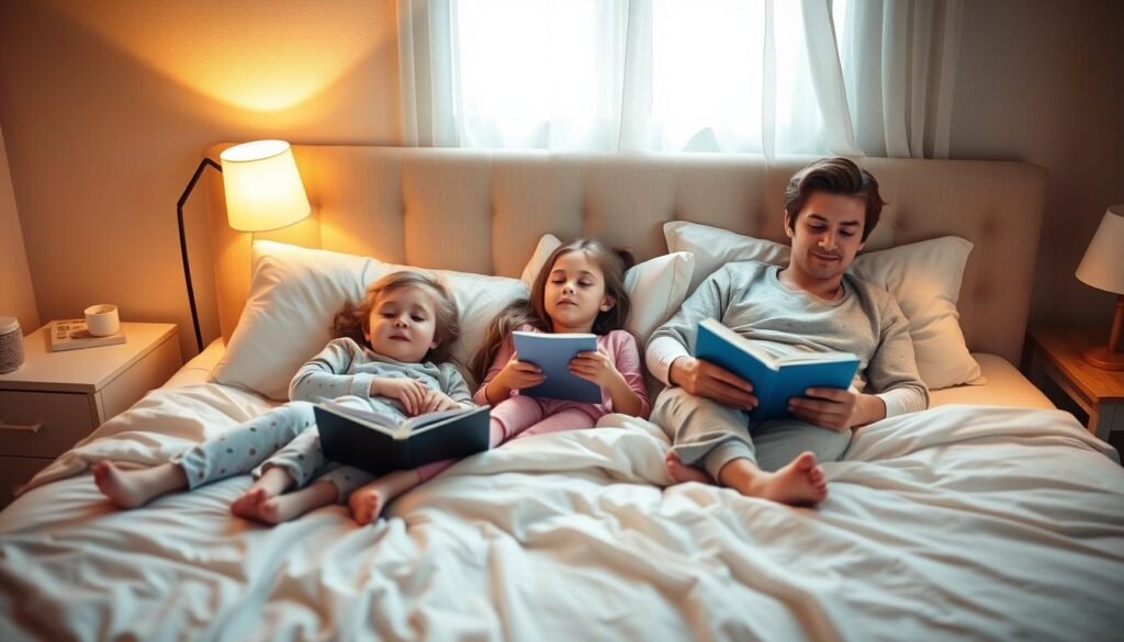 A cozy bedroom scene with three children - two young siblings and their older teenage sibling - lounging on a large bed, peaceful expressions on their faces as they wind down for the night. Soft, warm lighting from a bedside lamp casts a comforting glow, while the neutral tones of the bedding and walls create a calming atmosphere. The children are dressed in comfortable pajamas, perhaps reading books or quietly chatting. An air of tranquility pervades the space, reflecting the importance of healthy sleep habits for young people. A cozy bedroom scene with three children - two young siblings and their older teenage sibling - lounging on a large bed, peaceful expressions on their faces as they wind down for the night. Soft, warm lighting from a bedside lamp casts a comforting glow, while the neutral tones of the bedding and walls create a calming atmosphere. The children are dressed in comfortable pajamas, perhaps reading books or quietly chatting. An air of tranquility pervades the space, reflecting the importance of healthy sleep habits for young people.