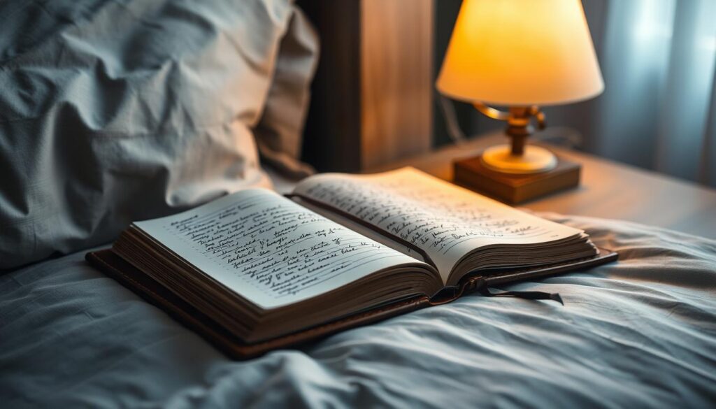 A cozy bedside table, illuminated by a warm, gentle lamp, holds an open leather-bound journal, its pages filled with handwritten notes and sketches. The journal's cover features an intricate design, hinting at the personal nature of the sleep diary within. The soft, muted lighting creates a serene and contemplative atmosphere, inviting the viewer to imagine the insights and reflections captured in its pages. The composition emphasizes the centrality of the sleep diary, suggesting its importance in the larger narrative of the subject's journey to better sleep and well-being. A cozy bedside table, illuminated by a warm, gentle lamp, holds an open leather-bound journal, its pages filled with handwritten notes and sketches. The journal's cover features an intricate design, hinting at the personal nature of the sleep diary within. The soft, muted lighting creates a serene and contemplative atmosphere, inviting the viewer to imagine the insights and reflections captured in its pages. The composition emphasizes the centrality of the sleep diary, suggesting its importance in the larger narrative of the subject's journey to better sleep and well-being.
