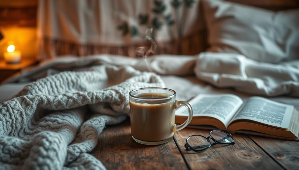 A cozy bedtime scene with a steaming mug of herbal tea on a rustic wooden table, surrounded by a soft, plush blanket, a pair of reading glasses, and a well-worn book. Warm, diffused lighting casts a soothing glow, creating an intimate, relaxing atmosphere. The mug's steam rises gently, hinting at the calming aroma of the tea. In the background, a tranquil, nature-inspired wall hanging or artwork adds a touch of serenity, complementing the overall serene and inviting ambiance.