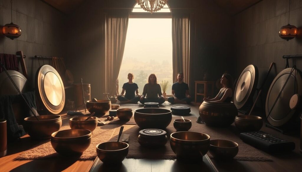 A cozy, dimly lit room filled with various sound healing instruments: crystal singing bowls, gongs, chimes, and timbres arranged in a serene, meditative setup. The scene is bathed in soft, warm lighting, casting gentle shadows that create a calming, tranquil atmosphere. The foreground features the sound healing instruments, meticulously placed to invite participants into a deeply immersive sound experience. The middle ground showcases a group of people sitting or lying down, their eyes closed, fully immersed in the resonant vibrations. The background fades into a hazy, ethereal landscape, emphasizing the otherworldly, spiritual nature of the sound bath. Cinematic, high-quality, detailed, and photorealistic. A cozy, dimly lit room filled with various sound healing instruments: crystal singing bowls, gongs, chimes, and timbres arranged in a serene, meditative setup. The scene is bathed in soft, warm lighting, casting gentle shadows that create a calming, tranquil atmosphere. The foreground features the sound healing instruments, meticulously placed to invite participants into a deeply immersive sound experience. The middle ground showcases a group of people sitting or lying down, their eyes closed, fully immersed in the resonant vibrations. The background fades into a hazy, ethereal landscape, emphasizing the otherworldly, spiritual nature of the sound bath. Cinematic, high-quality, detailed, and photorealistic.