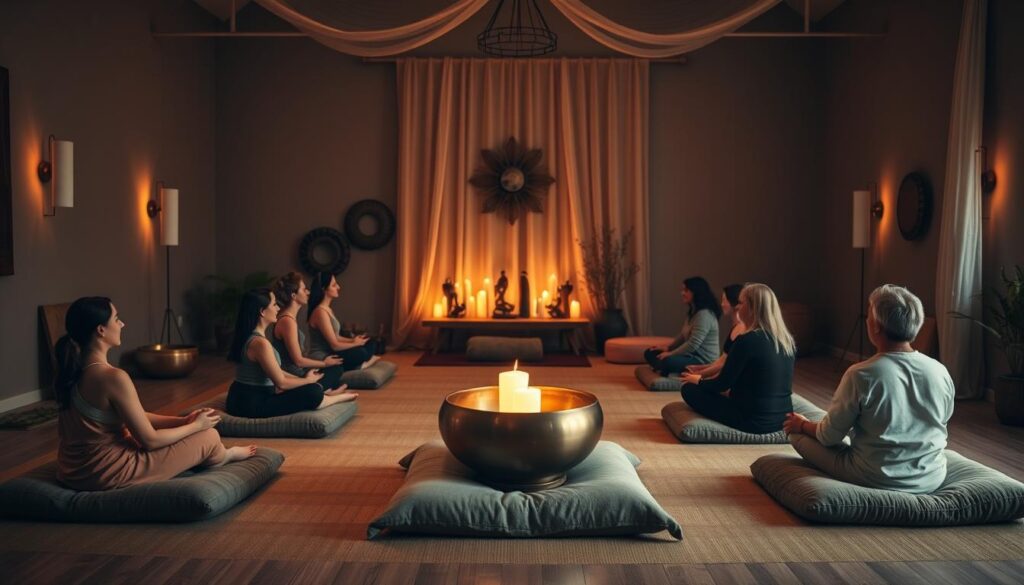 A cozy, dimly lit studio space with warm, soothing lighting. In the foreground, a group of people sitting cross-legged on plush meditation cushions, their eyes closed as they bask in the calming vibrations of singing bowls, gongs, and other sound healing instruments. The middle ground features a central altar with various crystals, candles, and a large singing bowl, its resonant tones filling the room. In the background, a soft, muted color palette creates a serene, meditative atmosphere, with gentle shadows and hints of plants or drapery, further enhancing the peaceful ambiance. The overall scene conveys a sense of deep relaxation, mindfulness, and a journey into the soothing, transformative power of sound. A cozy, dimly lit studio space with warm, soothing lighting. In the foreground, a group of people sitting cross-legged on plush meditation cushions, their eyes closed as they bask in the calming vibrations of singing bowls, gongs, and other sound healing instruments. The middle ground features a central altar with various crystals, candles, and a large singing bowl, its resonant tones filling the room. In the background, a soft, muted color palette creates a serene, meditative atmosphere, with gentle shadows and hints of plants or drapery, further enhancing the peaceful ambiance. The overall scene conveys a sense of deep relaxation, mindfulness, and a journey into the soothing, transformative power of sound.