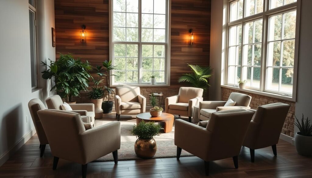 A cozy, inviting session meeting place with natural lighting streaming through large windows. The room features comfortable armchairs arranged in a circle, inviting participants to gather and engage in a calming, therapeutic atmosphere. The walls are adorned with soothing, earthy tones and natural textures, such as wood paneling or stone, creating a grounded, serene ambiance. Potted plants and soft, indirect lighting add to the tranquil, nurturing environment, perfect for a Reiki session. The overall composition conveys a sense of safety, privacy, and invitation for introspection and healing.