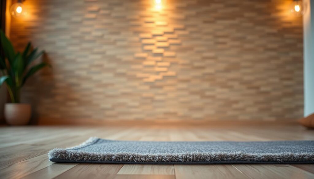 A cozy, inviting yoga studio with a textured practice wall in the background. The wall is made of natural materials like bamboo or cork, providing a soft, tactile surface for stretching and leaning. Soft, warm lighting illuminates the scene, creating a serene and calming atmosphere. In the foreground, a plush yoga mat is neatly laid out, ready for a gentle, restorative practice. The overall mood is one of relaxation, balance, and mindfulness, perfectly suited for the "Get Ready to Practice" section of the article. A cozy, inviting yoga studio with a textured practice wall in the background. The wall is made of natural materials like bamboo or cork, providing a soft, tactile surface for stretching and leaning. Soft, warm lighting illuminates the scene, creating a serene and calming atmosphere. In the foreground, a plush yoga mat is neatly laid out, ready for a gentle, restorative practice. The overall mood is one of relaxation, balance, and mindfulness, perfectly suited for the "Get Ready to Practice" section of the article.