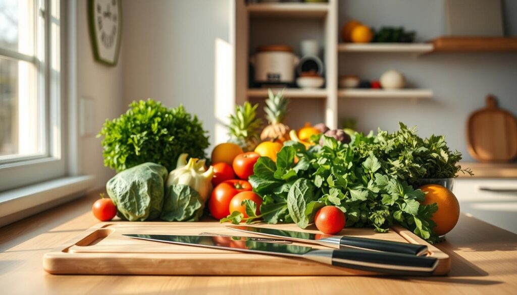 A cozy kitchen counter, the afternoon light filtering through the window, casting a warm glow on a selection of fresh, vibrant produce - leafy greens, crisp vegetables, and ripe fruits. In the foreground, a sleek, modern cutting board and a set of sharp culinary knives, ready to transform these natural ingredients into a nourishing, balanced meal. The background features a minimalist, open-shelved pantry, hinting at the array of whole, unprocessed foods waiting to be explored. A sense of calm and intention pervades the scene, inviting the viewer to embark on a journey of discovering the simple pleasures and benefits of an alkaline-focused diet. A cozy kitchen counter, the afternoon light filtering through the window, casting a warm glow on a selection of fresh, vibrant produce - leafy greens, crisp vegetables, and ripe fruits. In the foreground, a sleek, modern cutting board and a set of sharp culinary knives, ready to transform these natural ingredients into a nourishing, balanced meal. The background features a minimalist, open-shelved pantry, hinting at the array of whole, unprocessed foods waiting to be explored. A sense of calm and intention pervades the scene, inviting the viewer to embark on a journey of discovering the simple pleasures and benefits of an alkaline-focused diet.