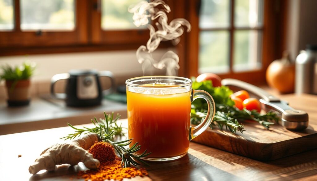 A cozy kitchen scene with a central focus on a steaming mug of bone broth, its rich, golden liquid glistening under soft, natural lighting. In the foreground, an arrangement of healing herbs and spices - ginger, turmeric, rosemary - suggesting the nourishing properties of the broth. In the middle ground, a wooden cutting board with a few fresh vegetables, hinting at the preparation of a wholesome, gut-supporting meal. The background features a window overlooking a lush, green outdoor scene, creating a sense of tranquility and connection to nature. The overall atmosphere is warm, comforting, and inviting, inspiring the viewer to incorporate this daily practice into their wellness routine. A cozy kitchen scene with a central focus on a steaming mug of bone broth, its rich, golden liquid glistening under soft, natural lighting. In the foreground, an arrangement of healing herbs and spices - ginger, turmeric, rosemary - suggesting the nourishing properties of the broth. In the middle ground, a wooden cutting board with a few fresh vegetables, hinting at the preparation of a wholesome, gut-supporting meal. The background features a window overlooking a lush, green outdoor scene, creating a sense of tranquility and connection to nature. The overall atmosphere is warm, comforting, and inviting, inspiring the viewer to incorporate this daily practice into their wellness routine.