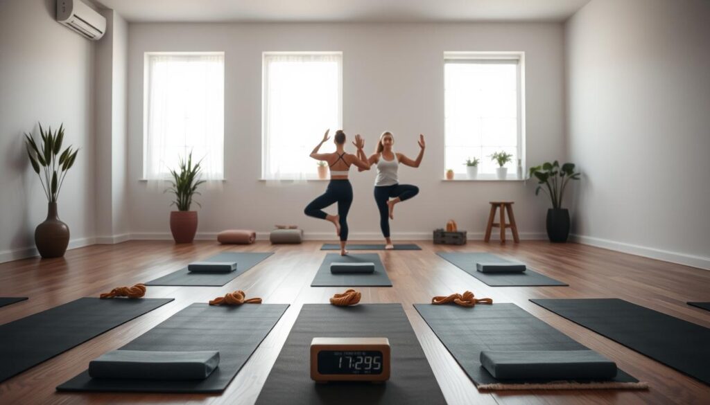 A cozy, minimalist yoga studio with soft natural light filtering through large windows. In the foreground, several yoga mats are arranged in a semicircle, each with a small stack of yoga blocks, straps, and a timer. In the middle ground, two people are engaged in a series of simple yet impactful yoga poses, their movements fluid and intentional. The background features simple, soothing decor - a few potted plants, a calming color palette, and a sense of tranquility. The overall atmosphere is one of quiet focus, allowing the viewer to imagine themselves easily repeating these "mini routines" multiple times for maximum benefit. A cozy, minimalist yoga studio with soft natural light filtering through large windows. In the foreground, several yoga mats are arranged in a semicircle, each with a small stack of yoga blocks, straps, and a timer. In the middle ground, two people are engaged in a series of simple yet impactful yoga poses, their movements fluid and intentional. The background features simple, soothing decor - a few potted plants, a calming color palette, and a sense of tranquility. The overall atmosphere is one of quiet focus, allowing the viewer to imagine themselves easily repeating these "mini routines" multiple times for maximum benefit.
