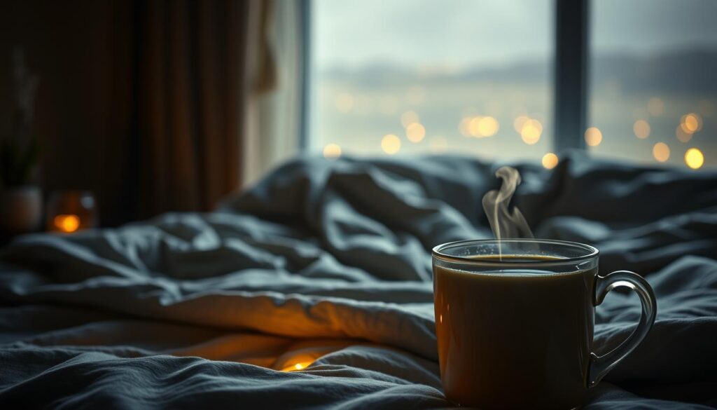 A cozy nighttime scene featuring a steaming mug of herbal tea set against a serene, dimly lit bedroom. The tea is in the foreground, surrounded by a soft, calming glow. In the middle ground, a plush, inviting bed with rumpled, high-quality linens beckons. The background is a hazy, dreamlike landscape with gentle, warm lighting, evoking a sense of relaxation and tranquility. The overall mood is one of comfort, relaxation, and the promise of a restful, restorative sleep.