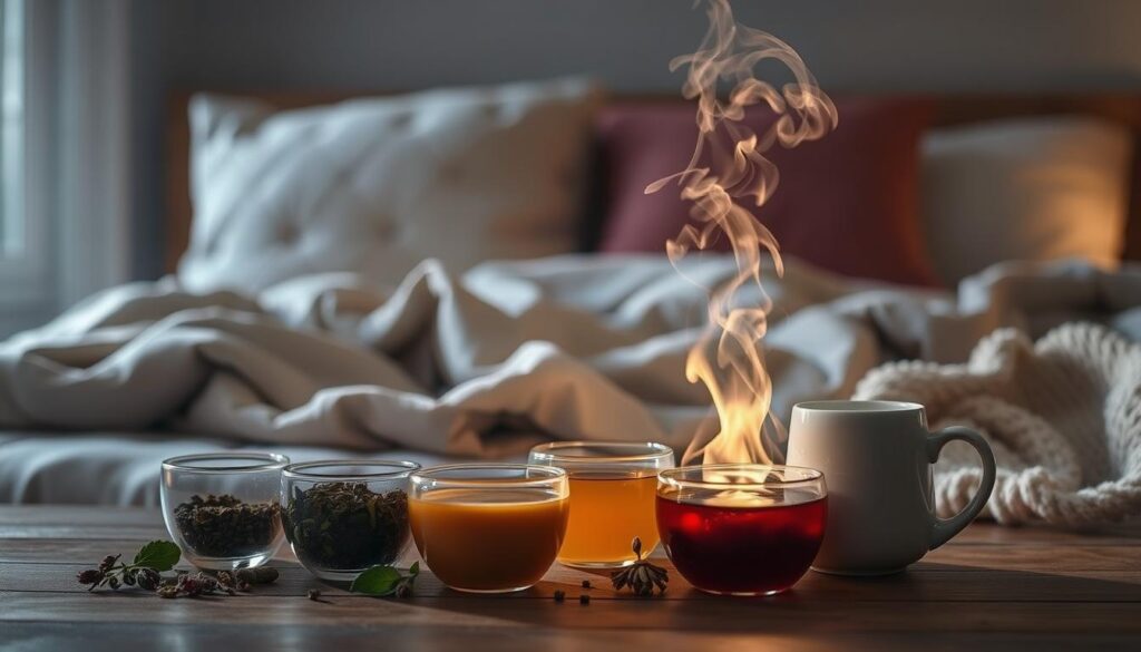 A cozy nighttime scene featuring an assortment of aromatic herbal teas, their steam gently rising, arranged on a wooden table. Soft, ambient lighting casts a warm, tranquil glow, creating an inviting atmosphere for a restful evening. In the background, plush pillows and a cozy blanket beckon, suggesting the ideal setting for a peaceful, deep sleep. The overall composition emphasizes the harmony between the soothing teas and the serene, sleep-inducing environment, capturing the essence of the "Best Herbal Teas for Sleep" theme.