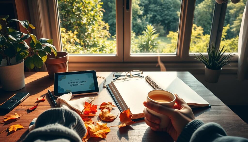 A cozy, sun-dappled home office, with a wooden desk, a houseplant, and an open notebook. In the foreground, hands holding a mug of steaming tea, surrounded by scattered autumn leaves. The middle ground features a digital tablet displaying a gratitude journal app, as well as a pair of reading glasses and a pen. The background showcases a large window overlooking a lush, verdant garden, creating a tranquil, contemplative atmosphere. Soft, warm lighting filters through the scene, evoking a sense of mindfulness and appreciation.