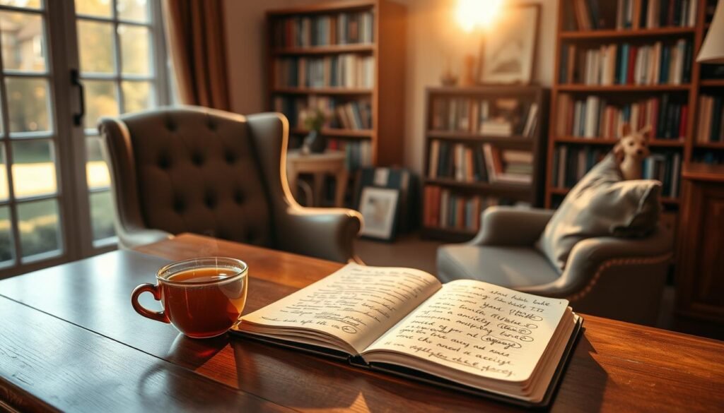 A cozy, well-lit home office with a wooden desk, a plush armchair, and an open journal on the surface. Soft natural light filters in through a large window, casting a warm glow over the scene. The journal pages are adorned with handwritten notes and doodles, reflecting the owner's thoughts and emotions. A cup of steaming tea sits nearby, adding to the tranquil atmosphere. In the background, bookshelves line the walls, hinting at the owner's intellectual pursuits. The overall impression is one of introspection, mindfulness, and the therapeutic power of putting pen to paper to alleviate anxiety. A cozy, well-lit home office with a wooden desk, a plush armchair, and an open journal on the surface. Soft natural light filters in through a large window, casting a warm glow over the scene. The journal pages are adorned with handwritten notes and doodles, reflecting the owner's thoughts and emotions. A cup of steaming tea sits nearby, adding to the tranquil atmosphere. In the background, bookshelves line the walls, hinting at the owner's intellectual pursuits. The overall impression is one of introspection, mindfulness, and the therapeutic power of putting pen to paper to alleviate anxiety.
