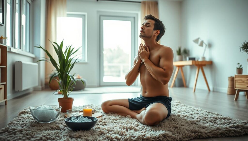 A cozy, well-lit indoor scene showcasing the integration of the Wim Hof Method into daily life. In the foreground, a person is seated on a plush rug, eyes closed, deeply engaged in controlled breathing exercises. Surrounding them, an array of natural elements - a potted plant, a candle, a bowl of ice cubes - symbolize the various aspects of the method. The middle ground features a large window, allowing natural light to flood the space and creating a serene, tranquil atmosphere. In the background, subtle hints of a minimalist home environment, such as a simple wooden desk or shelving unit, reinforce the idea of seamlessly incorporating the practice into one's daily routine. The overall mood is one of focus, balance, and a sense of personal empowerment through the integration of the Wim Hof Method.