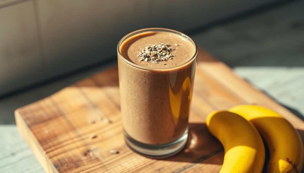 A creamy, vibrant banana-cocoa smoothie with a lush, velvety texture fills the frame. Flecks of ground flax and chia seeds add visual interest and nutrient-dense hues. The glass sits atop a rustic wooden surface, casting a soft, natural shadow. Warm, diffused lighting accentuates the rich, chocolatey tones and the vibrant yellow of the banana. The composition is balanced, with the smoothie as the prominent focal point, surrounded by a simple, minimalist setting that allows the luscious beverage to shine. An inviting, energizing scene that evokes a sense of nourishment and wholesome indulgence.