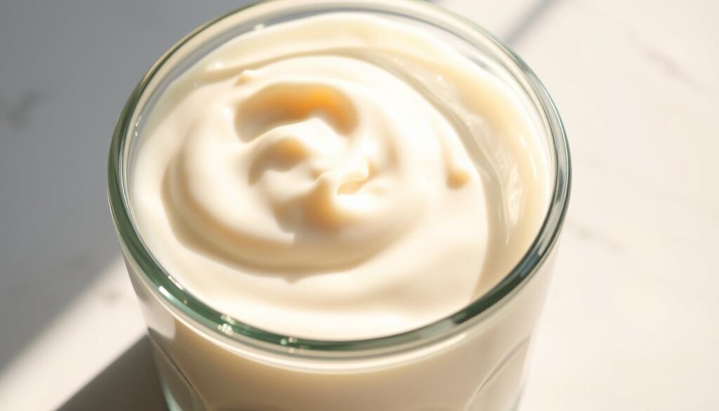 A crisp, well-lit close-up of a glass container filled with creamy, smooth yogurt. The yogurt has a glossy, inviting texture and a natural, off-white color. Sunlight gently filters through the glass, casting a warm, soft glow on the surface of the yogurt. The container sits on a simple, clean background, perhaps a wooden table or marble surface, allowing the yogurt to be the central focus. The overall atmosphere is one of freshness, wholesomeness, and the natural goodness of this protein-rich, gut-healthy fermented food. A crisp, well-lit close-up of a glass container filled with creamy, smooth yogurt. The yogurt has a glossy, inviting texture and a natural, off-white color. Sunlight gently filters through the glass, casting a warm, soft glow on the surface of the yogurt. The container sits on a simple, clean background, perhaps a wooden table or marble surface, allowing the yogurt to be the central focus. The overall atmosphere is one of freshness, wholesomeness, and the natural goodness of this protein-rich, gut-healthy fermented food.