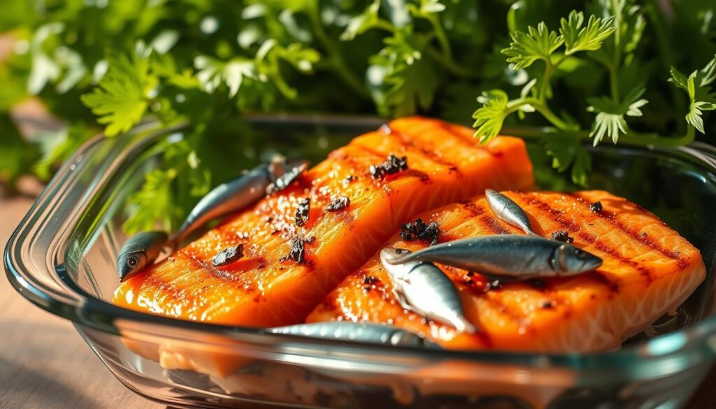 A crisp, well-lit scene of a glass dish filled with gleaming, freshly grilled salmon fillets, their rich orange hues complemented by a scattering of silvery, glistening sardines. The fish are arranged artfully against a backdrop of lush, verdant leafy greens, casting soft shadows that add depth and dimension. Warm, natural lighting from the side creates a sense of depth and highlights the succulent, flaky textures of the seafood. The overall mood is one of nourishment, wholesomeness, and culinary sophistication, inviting the viewer to imagine incorporating these nutrient-dense ingredients into their weekly meals. A crisp, well-lit scene of a glass dish filled with gleaming, freshly grilled salmon fillets, their rich orange hues complemented by a scattering of silvery, glistening sardines. The fish are arranged artfully against a backdrop of lush, verdant leafy greens, casting soft shadows that add depth and dimension. Warm, natural lighting from the side creates a sense of depth and highlights the succulent, flaky textures of the seafood. The overall mood is one of nourishment, wholesomeness, and culinary sophistication, inviting the viewer to imagine incorporating these nutrient-dense ingredients into their weekly meals.