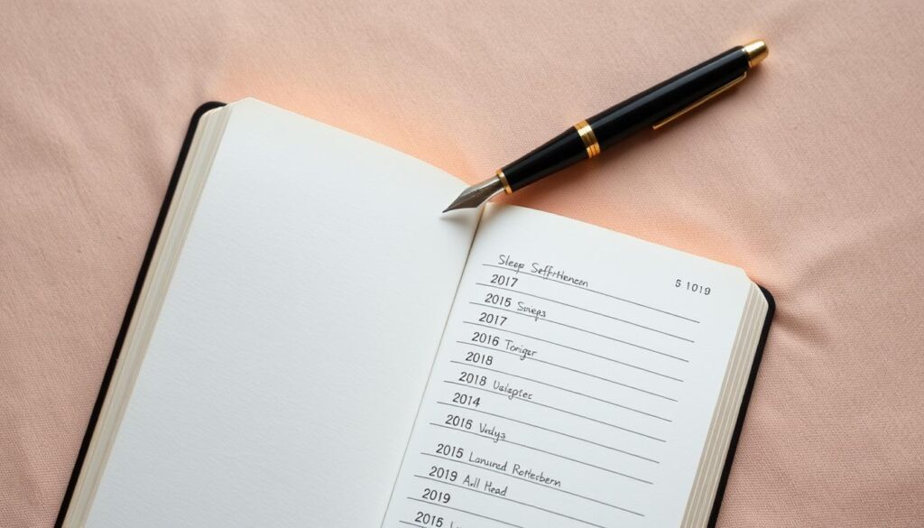 A crisp white page lies open, the edges worn with use. Beside it, a vintage-style fountain pen rests, its metal nib glinting in the soft, diffused light from an unseen window. The page is divided into neat rows, each labeled with a date - a personal sleep diary, meticulously recorded. The background is a subtle, warm-toned texture, lending an air of thoughtfulness and introspection to the scene. The composition is balanced, with the materials taking center stage, inviting the viewer to imagine the stories and insights contained within the diary's pages. A crisp white page lies open, the edges worn with use. Beside it, a vintage-style fountain pen rests, its metal nib glinting in the soft, diffused light from an unseen window. The page is divided into neat rows, each labeled with a date - a personal sleep diary, meticulously recorded. The background is a subtle, warm-toned texture, lending an air of thoughtfulness and introspection to the scene. The composition is balanced, with the materials taking center stage, inviting the viewer to imagine the stories and insights contained within the diary's pages.