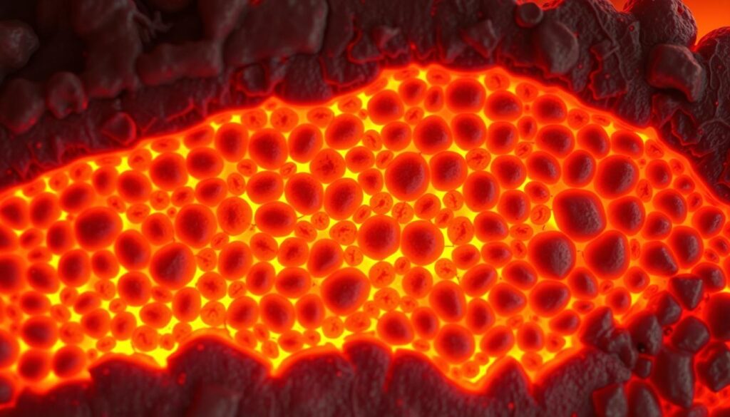 A cross-section of brown adipose tissue, illuminated by warm, soft lighting. In the foreground, a cluster of densely packed, multilocular brown fat cells, their mitochondria-rich cytoplasm glowing with a rich, earthy hue. The middle ground reveals the intricate network of capillaries and nerves that supply this metabolically active tissue, while the background fades into a hazy, atmospheric blur, suggesting the intimate connection between brown fat and the body's thermoregulatory systems. The overall composition conveys the complex, dynamic nature of brown fat, its role in generating heat, and the potential for cold exposure to activate this essential metabolic process. A cross-section of brown adipose tissue, illuminated by warm, soft lighting. In the foreground, a cluster of densely packed, multilocular brown fat cells, their mitochondria-rich cytoplasm glowing with a rich, earthy hue. The middle ground reveals the intricate network of capillaries and nerves that supply this metabolically active tissue, while the background fades into a hazy, atmospheric blur, suggesting the intimate connection between brown fat and the body's thermoregulatory systems. The overall composition conveys the complex, dynamic nature of brown fat, its role in generating heat, and the potential for cold exposure to activate this essential metabolic process.