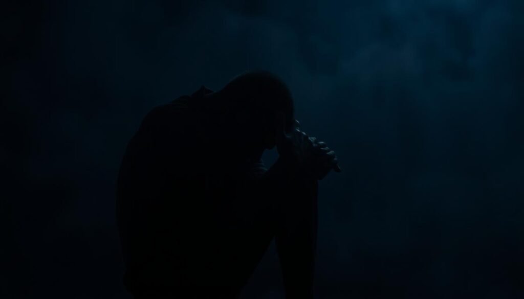 A dark, shadowy figure hunched in pain, surrounded by a hazy, muted palette. Dim, moody lighting casts dramatic shadows, creating a sense of isolation and distress. The figure's posture conveys a palpable tension, as if grappling with an internal struggle. The background is blurred, drawing the viewer's focus to the central subject and the palpable emotion it evokes. A 50mm lens captures the scene with a shallow depth of field, heightening the sense of vulnerability and intimacy. This image aims to visually represent the complex emotional and physical experience of pain, evoking a thoughtful, introspective response from the viewer.