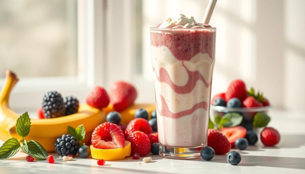 A delectable protein smoothie set against a light and airy backdrop, capturing the essence of a healthy and nutritious beverage. A vibrant blend of fresh fruits, such as ripe bananas, juicy berries, and a creamy base of Greek yogurt or almond milk, is swirled together with a scoop of high-quality protein powder. Sunlight filters through a window, casting a warm glow on the smooth, creamy texture of the smoothie, accentuating its inviting appearance. The overall scene conveys a sense of balance, wellness, and the perfect fusion of whole food ingredients and targeted protein supplementation. A delectable protein smoothie set against a light and airy backdrop, capturing the essence of a healthy and nutritious beverage. A vibrant blend of fresh fruits, such as ripe bananas, juicy berries, and a creamy base of Greek yogurt or almond milk, is swirled together with a scoop of high-quality protein powder. Sunlight filters through a window, casting a warm glow on the smooth, creamy texture of the smoothie, accentuating its inviting appearance. The overall scene conveys a sense of balance, wellness, and the perfect fusion of whole food ingredients and targeted protein supplementation.