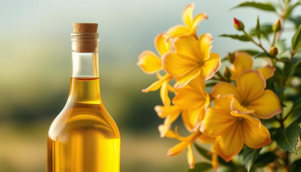 A delicate bottle of evening primrose oil stands in the foreground, the golden liquid glistening under warm, soft lighting. In the middle ground, a bundle of fresh primrose flowers in vibrant shades of yellow and pink, their petals gently unfurling. The background is a serene, blurred landscape, suggesting a tranquil, natural setting. The overall mood is one of soothing, botanical elegance, inviting the viewer to consider the potential benefits of this herbal remedy for PMS. A delicate bottle of evening primrose oil stands in the foreground, the golden liquid glistening under warm, soft lighting. In the middle ground, a bundle of fresh primrose flowers in vibrant shades of yellow and pink, their petals gently unfurling. The background is a serene, blurred landscape, suggesting a tranquil, natural setting. The overall mood is one of soothing, botanical elegance, inviting the viewer to consider the potential benefits of this herbal remedy for PMS.