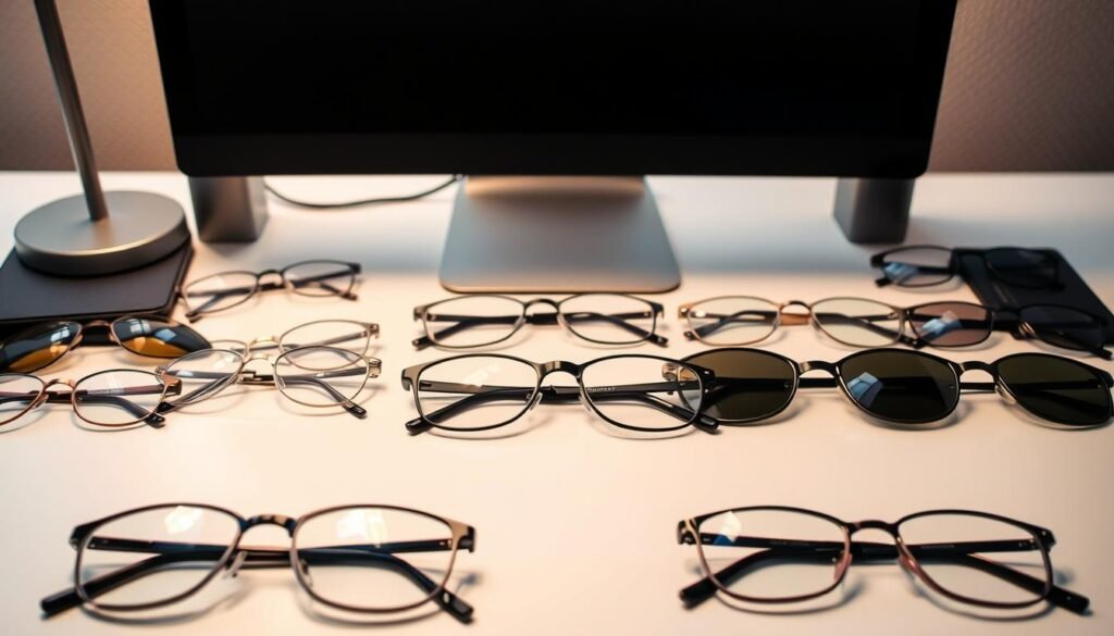 A desktop workspace with an assortment of eyeglasses, a computer monitor, and various lenses laid out on a clean, minimalist table. The lenses are positioned to showcase their different tints, shapes, and designs, highlighting the key considerations for choosing blue light filtering glasses. Soft, diffused lighting illuminates the scene, creating a contemplative and informative atmosphere. The composition emphasizes the thoughtful selection process, guiding the viewer through the essential factors to consider when selecting the right lenses for their digital screen usage and eye health needs.