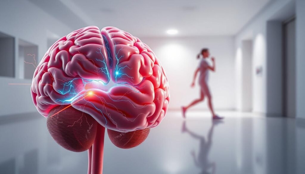 A detailed anatomical illustration depicting the phenomenon of bilateral stimulation during walking. In the foreground, a cross-section of the human brain, with dynamic neural pathways highlighting the interconnected left and right hemispheres. The middle ground showcases a digitally rendered figure in motion, their limbs and torso generating a sense of kinetic energy. The background features a clean, clinical environment with subtle lighting to emphasize the scientific nature of the subject. Rendered with photorealistic precision, the image conveys the intricate neurological mechanisms underlying the cognitive and physical benefits of walking.