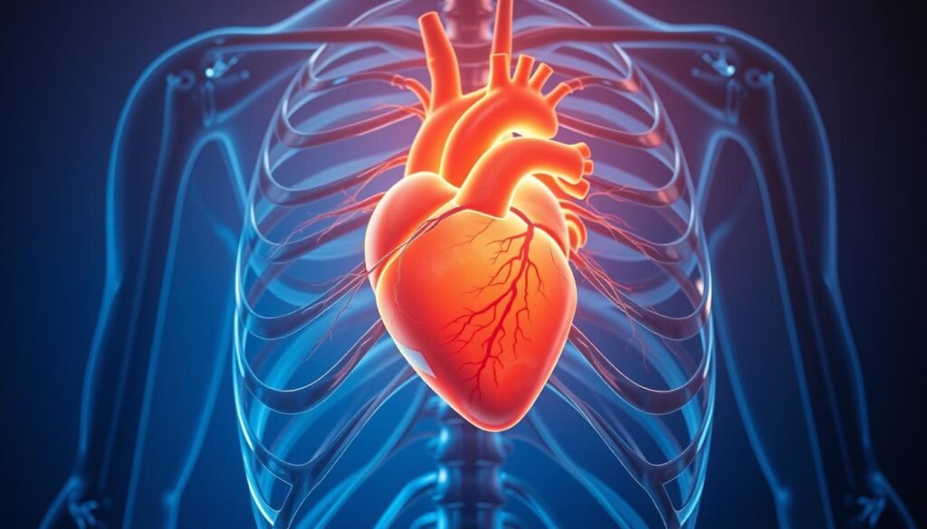 A detailed anatomical illustration of a beating human heart, encased in a transparent ribcage. The heart pulses with a soft, warm glow, highlighting the intricate network of blood vessels and arteries. The scene is bathed in a tranquil, blue-tinted lighting, creating a serene, meditative atmosphere. The composition places the heart at the center, with the ribcage forming a protective, yet open, frame around it. The overall effect conveys the harmony between the cardiovascular and respiratory systems, and the importance of conscious, rhythmic breathing for optimal heart health.