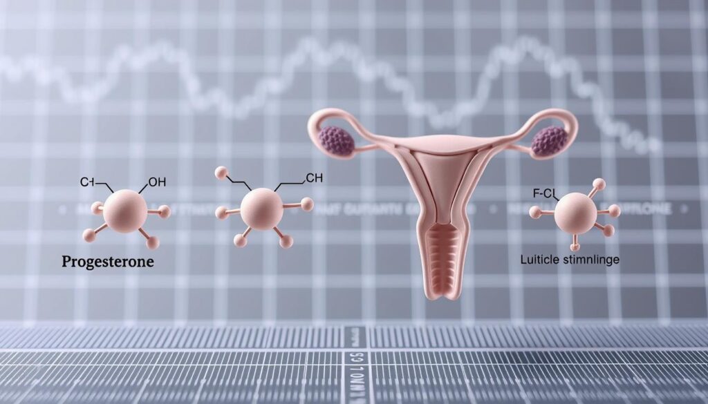 A detailed anatomical illustration of the four key hormones in the menstrual cycle - estrogen, progesterone, luteinizing hormone, and follicle-stimulating hormone. Rendered in a neutral, scientific color palette with precise linework and subtle shading to highlight the complex molecular structures and chemical relationships between these hormones. The foreground presents each hormone as a labeled, three-dimensional model, while the background features a subtly patterned grid representing the cyclical fluctuations of these hormones over time. Captured with a macro lens for a high level of clarity and visual interest, conveying the importance of understanding hormonal changes for women's health and wellbeing. A detailed anatomical illustration of the four key hormones in the menstrual cycle - estrogen, progesterone, luteinizing hormone, and follicle-stimulating hormone. Rendered in a neutral, scientific color palette with precise linework and subtle shading to highlight the complex molecular structures and chemical relationships between these hormones. The foreground presents each hormone as a labeled, three-dimensional model, while the background features a subtly patterned grid representing the cyclical fluctuations of these hormones over time. Captured with a macro lens for a high level of clarity and visual interest, conveying the importance of understanding hormonal changes for women's health and wellbeing.
