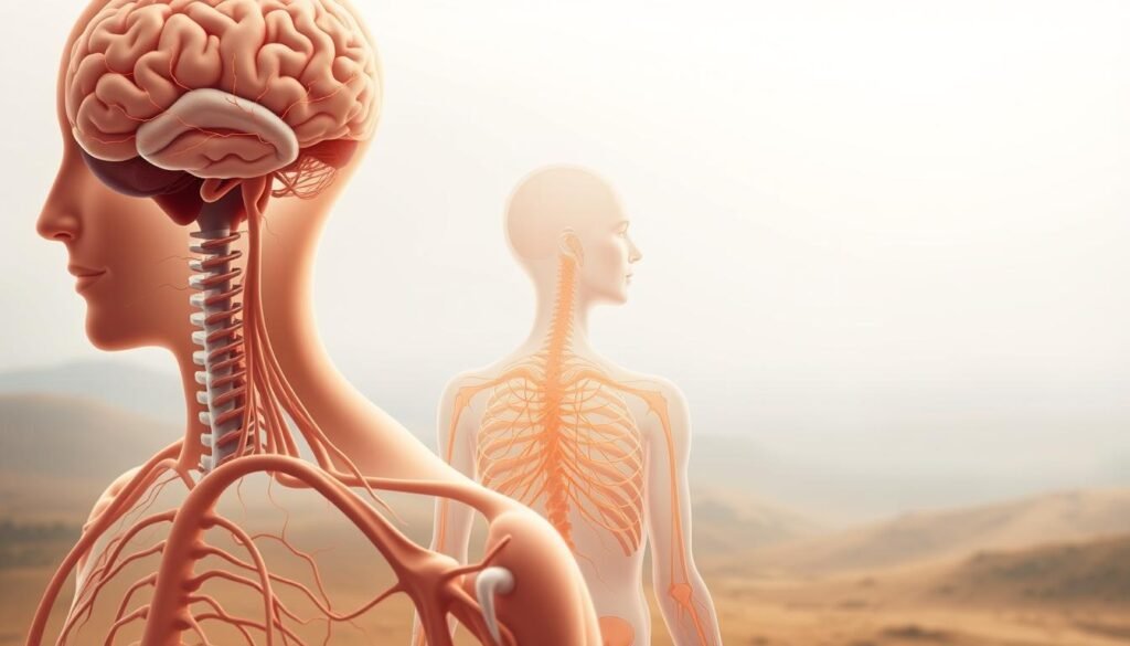 A detailed, anatomical illustration of the human nervous system, rendered in a calm, soothing color palette. The foreground depicts the central nervous system, including the brain and spinal cord, with delicate neural pathways and synapses visible. The middle ground showcases the peripheral nervous system, with intricate networks of nerves branching out across the body. In the background, a serene, minimalist landscape sets the stage, bathed in soft, diffused lighting that evokes a sense of tranquility and relaxation. The overall composition conveys the intricate interconnectedness of the nervous system and the potential for somatic practices to regulate its function, reducing stress and tension. A detailed, anatomical illustration of the human nervous system, rendered in a calm, soothing color palette. The foreground depicts the central nervous system, including the brain and spinal cord, with delicate neural pathways and synapses visible. The middle ground showcases the peripheral nervous system, with intricate networks of nerves branching out across the body. In the background, a serene, minimalist landscape sets the stage, bathed in soft, diffused lighting that evokes a sense of tranquility and relaxation. The overall composition conveys the intricate interconnectedness of the nervous system and the potential for somatic practices to regulate its function, reducing stress and tension.