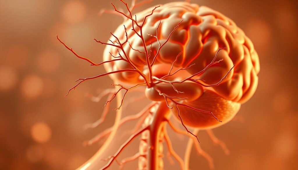 A detailed anatomical illustration of the human nervous system, showcasing the intricate network of nerves, synapses, and neuronal pathways. The image should have a neutral, scientific tone, with a focus on accurately depicting the structures and functions of the nervous system. The composition should feature a clear, well-lit foreground view of the central nervous system, including the brain and spinal cord, surrounded by a soft, hazy background that enhances the sense of depth and focus. The overall lighting should be warm and natural, with subtle shadows and highlights that accentuate the three-dimensional form of the nervous system elements. The level of detail should be high, allowing the viewer to appreciate the complexity and interconnectedness of the various components. A detailed anatomical illustration of the human nervous system, showcasing the intricate network of nerves, synapses, and neuronal pathways. The image should have a neutral, scientific tone, with a focus on accurately depicting the structures and functions of the nervous system. The composition should feature a clear, well-lit foreground view of the central nervous system, including the brain and spinal cord, surrounded by a soft, hazy background that enhances the sense of depth and focus. The overall lighting should be warm and natural, with subtle shadows and highlights that accentuate the three-dimensional form of the nervous system elements. The level of detail should be high, allowing the viewer to appreciate the complexity and interconnectedness of the various components.