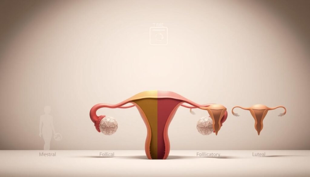 A detailed anatomical illustration showcasing the four distinct phases of the menstrual cycle - menstrual, follicular, ovulatory, and luteal. Rendered in a clean, scientific style with muted colors and delicate linework. The foreground depicts the uterus and ovaries in cross-section, highlighting the cyclical changes in the endometrium and follicle development. The middle ground features simplified silhouettes of the female reproductive system, while the background subtly suggests the passing of time with a minimal calendar or timeline motif. Subtle lighting casts soft shadows to convey depth and volume. The overall tone is educational and informative, suitable for use in a medical or health-oriented article. A detailed anatomical illustration showcasing the four distinct phases of the menstrual cycle - menstrual, follicular, ovulatory, and luteal. Rendered in a clean, scientific style with muted colors and delicate linework. The foreground depicts the uterus and ovaries in cross-section, highlighting the cyclical changes in the endometrium and follicle development. The middle ground features simplified silhouettes of the female reproductive system, while the background subtly suggests the passing of time with a minimal calendar or timeline motif. Subtle lighting casts soft shadows to convey depth and volume. The overall tone is educational and informative, suitable for use in a medical or health-oriented article.