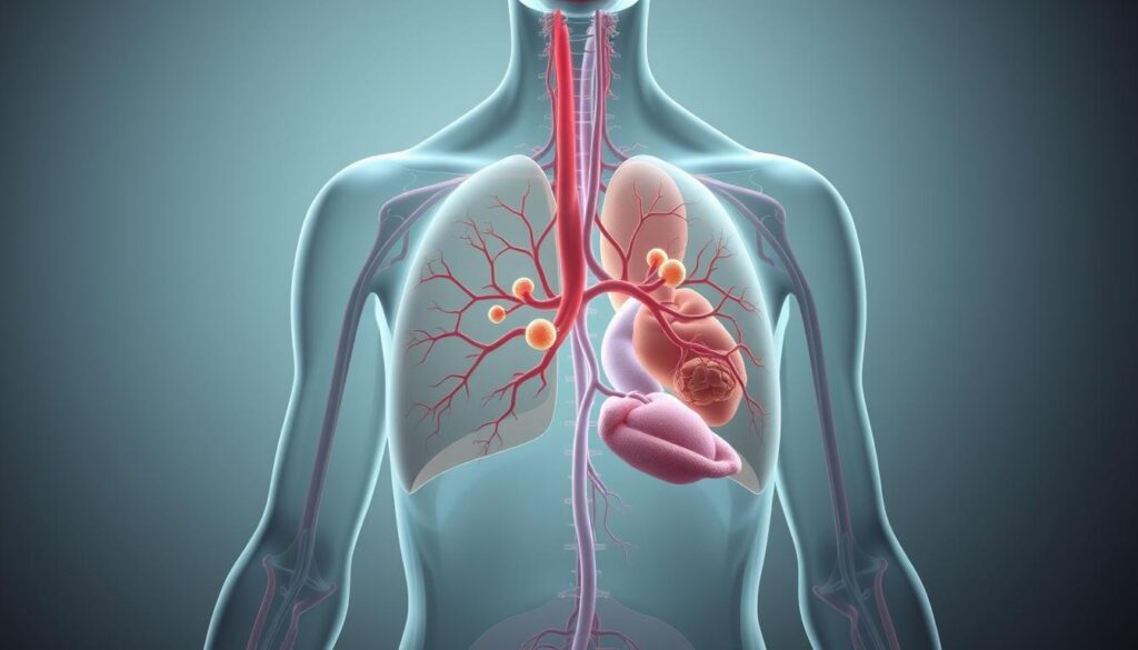 A detailed, anatomically accurate illustration of the human lymphatic system, rendered with scientific precision. The central focus is a cutaway view showcasing the intricate network of lymph nodes, lymphatic vessels, and associated lymphoid organs, bathed in soft, diffused lighting that accentuates the delicate structures. The background is a serene, muted palette, creating a sense of clinical examination and educational study. The composition emphasizes the interconnected, fluid nature of the lymphatic system, conveying its vital role in the body's immune function and waste management processes. Rendered with a photorealistic style using a high-resolution, wide-angle lens to capture the full scope of this complex biological system. A detailed, anatomically accurate illustration of the human lymphatic system, rendered with scientific precision. The central focus is a cutaway view showcasing the intricate network of lymph nodes, lymphatic vessels, and associated lymphoid organs, bathed in soft, diffused lighting that accentuates the delicate structures. The background is a serene, muted palette, creating a sense of clinical examination and educational study. The composition emphasizes the interconnected, fluid nature of the lymphatic system, conveying its vital role in the body's immune function and waste management processes. Rendered with a photorealistic style using a high-resolution, wide-angle lens to capture the full scope of this complex biological system.