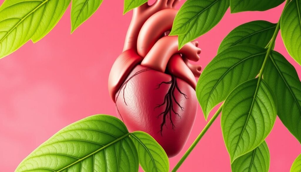 A detailed and realistic illustration of moringa oleifera leaves against the backdrop of a human heart, showcasing the plant's cardiovascular benefits. The foreground features lush, vibrant moringa leaves with intricate veining, captured in a soft, natural lighting that highlights their texture and depth. The middle ground depicts a cross-section of a healthy human heart, its chambers and valves rendered with scientific accuracy. The background subtly blends shades of red and blue, conveying the circulatory system and the impact of moringa on heart health. The overall composition should strike a balance between the botanical elements and the anatomical representation, creating a visually engaging and informative image.