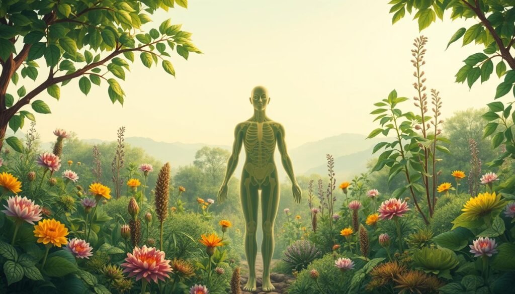 A detailed and serene illustration depicting the concept of adaptogens helping the body adapt to stress. In the foreground, a central figure representing the human body is surrounded by a lush, verdant landscape filled with vibrant, botanically accurate illustrations of various adaptogenic herbs and plants. The middle ground showcases these adaptogens in their natural state, with subtle textures and lighting that convey their potent and restorative properties. The background features a soft, hazy skyline, creating a calming and introspective atmosphere. The overall composition should evoke a sense of balance, harmony, and the body's innate ability to adapt and thrive when supported by the restorative powers of adaptogens. A detailed and serene illustration depicting the concept of adaptogens helping the body adapt to stress. In the foreground, a central figure representing the human body is surrounded by a lush, verdant landscape filled with vibrant, botanically accurate illustrations of various adaptogenic herbs and plants. The middle ground showcases these adaptogens in their natural state, with subtle textures and lighting that convey their potent and restorative properties. The background features a soft, hazy skyline, creating a calming and introspective atmosphere. The overall composition should evoke a sense of balance, harmony, and the body's innate ability to adapt and thrive when supported by the restorative powers of adaptogens.