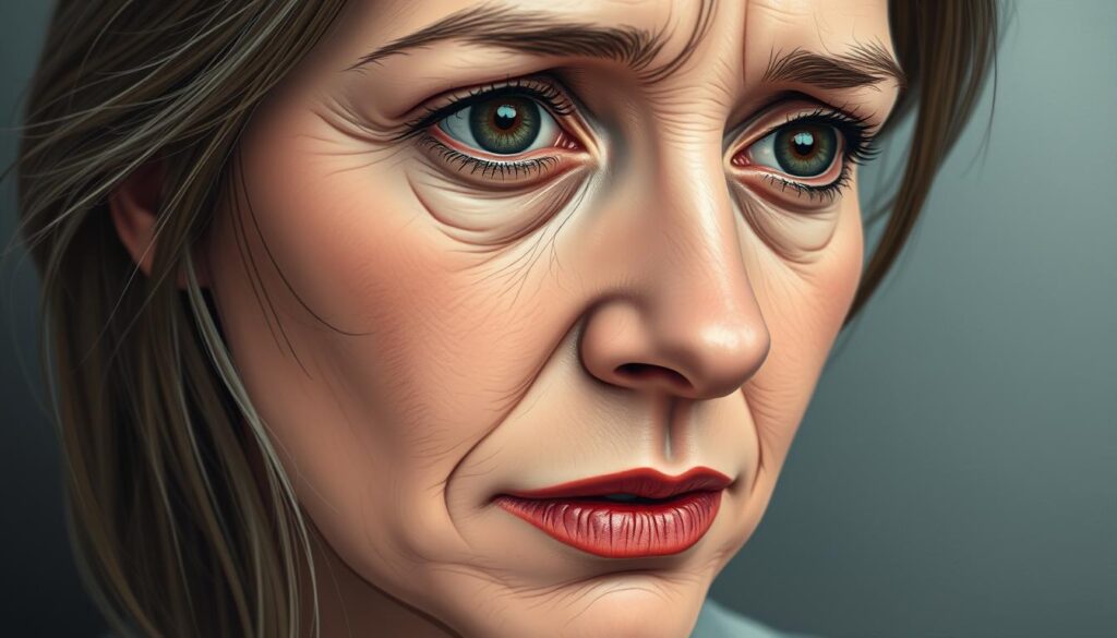 A detailed, close-up illustration of a woman's face, capturing the physiological signs of perimenopause in her 30s. The skin appears slightly weathered, with fine lines and subtle wrinkles around the eyes and mouth, hinting at the hormonal changes taking place. The gaze is pensive, conveying a sense of concern or trepidation. The lighting is soft and diffused, creating an intimate, introspective atmosphere. The background is muted and out of focus, keeping the focus on the subject's face and the visible signs of this transitional phase of life. The overall mood is one of quiet contemplation, reflecting the personal nature of the perimenopause experience. A detailed, close-up illustration of a woman's face, capturing the physiological signs of perimenopause in her 30s. The skin appears slightly weathered, with fine lines and subtle wrinkles around the eyes and mouth, hinting at the hormonal changes taking place. The gaze is pensive, conveying a sense of concern or trepidation. The lighting is soft and diffused, creating an intimate, introspective atmosphere. The background is muted and out of focus, keeping the focus on the subject's face and the visible signs of this transitional phase of life. The overall mood is one of quiet contemplation, reflecting the personal nature of the perimenopause experience.