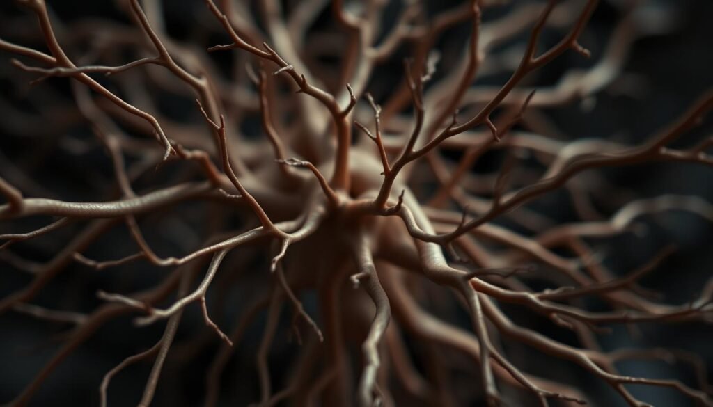 A detailed close-up of the human nervous system, with a focus on the complex interconnections and pathways that carry signals throughout the body. The image should have a muted, introspective color palette, conveying a sense of the inner workings and the emotional impact of trauma stored within. Utilize a shallow depth of field to highlight the delicate, intricate structures, while leaving the background softly blurred. Incorporate subtle lighting to create a sense of depth and dimension, drawing the viewer's eye inward. The overall mood should be one of contemplation and the potential for transformation, reflecting the theme of the article section.