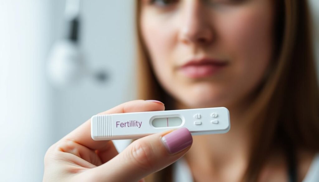 A detailed close-up view of a woman's hand holding a fertility test kit, with a blurred, out-of-focus background suggesting a medical or clinical setting. The lighting is soft and diffused, creating a contemplative, introspective mood. The test kit is placed prominently, highlighting the focus on fertility and reproductive health. The image conveys a sense of uncertainty, concern, and the complex emotions associated with fertility challenges. A detailed close-up view of a woman's hand holding a fertility test kit, with a blurred, out-of-focus background suggesting a medical or clinical setting. The lighting is soft and diffused, creating a contemplative, introspective mood. The test kit is placed prominently, highlighting the focus on fertility and reproductive health. The image conveys a sense of uncertainty, concern, and the complex emotions associated with fertility challenges.